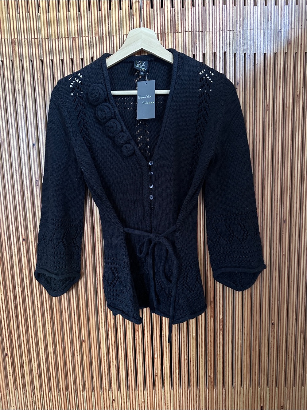 Black Tie-Waist Knit Cardigan with  beautiful Rosette Detail - by Covelo